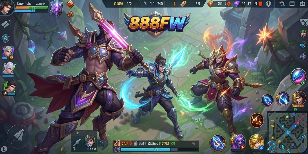 Gameplay seru di 888FW dengan pertarungan karakter MOBA yang mendebarkan.
