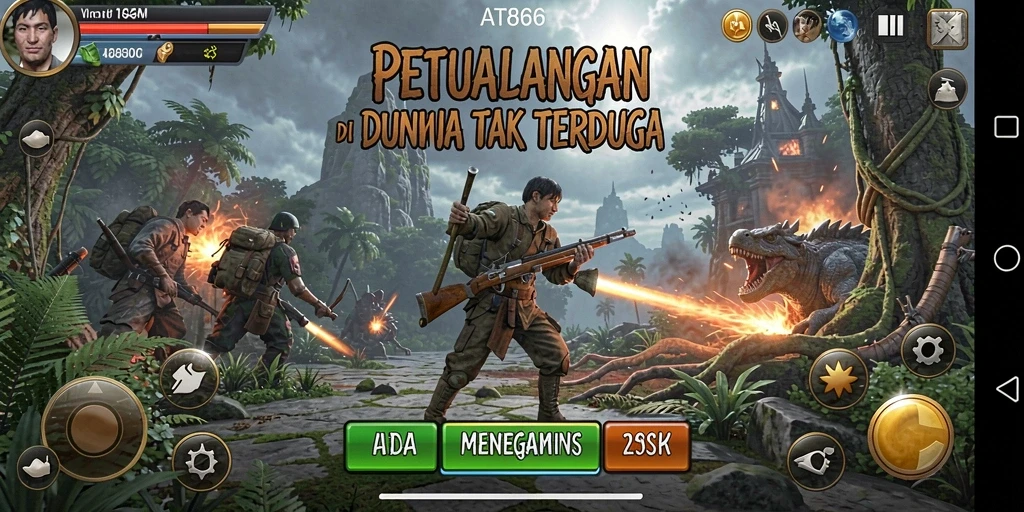 Screenshot menunjukkan karakter utama menjelajahi hutan lebat dalam game Adventure.