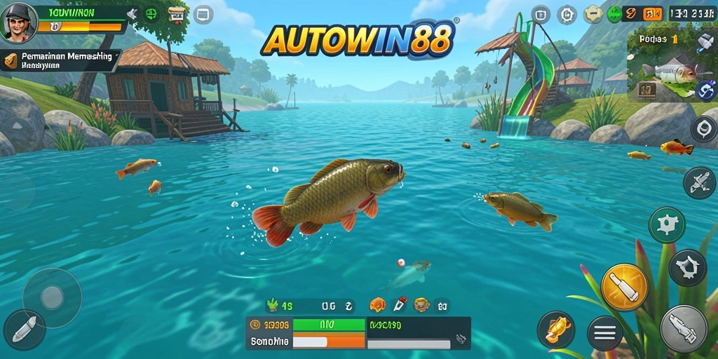 Tampilan gameplay AUTOWIN88 saat menangkap ikan di danau yang indah.