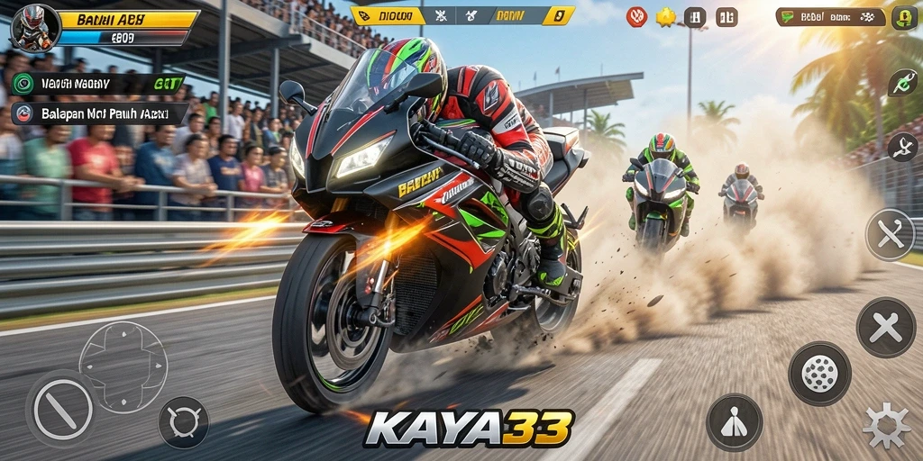 Screenshot gameplay KAYA33 dengan balapan motor yang intens.