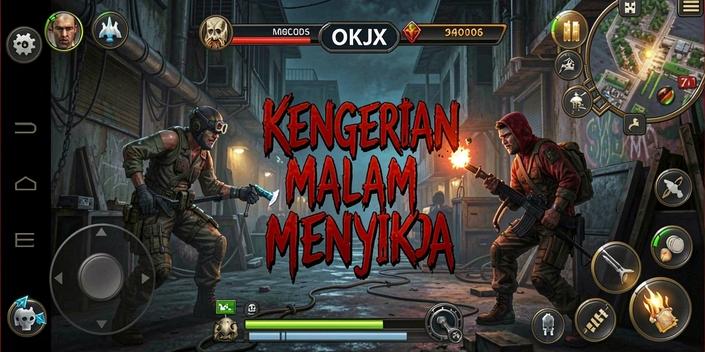 Screenshot utama OKJK menampilkan pemain menghadapi kegelapan yang menakutkan.