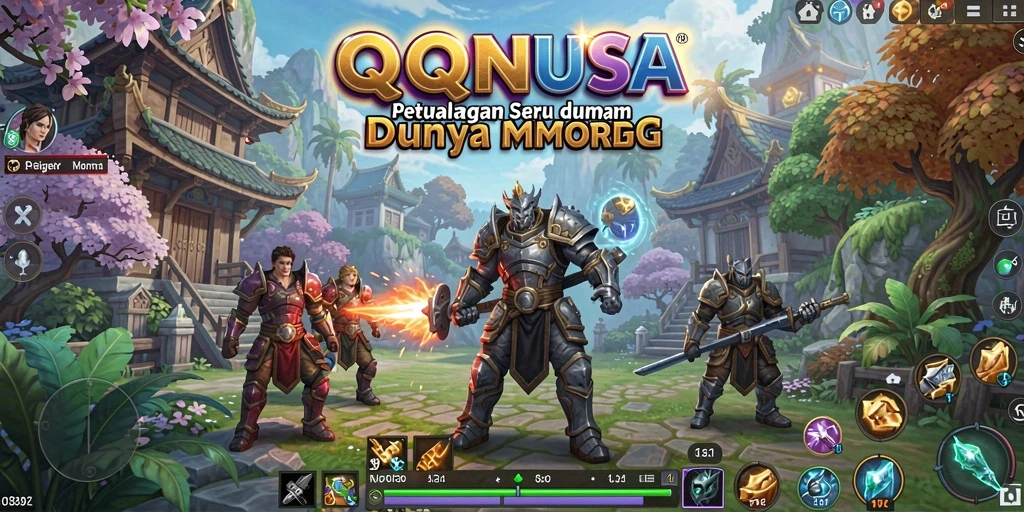 Screenshot gameplay QQNUSA menampilkan aksi perang yang seru dalam MMORPG.